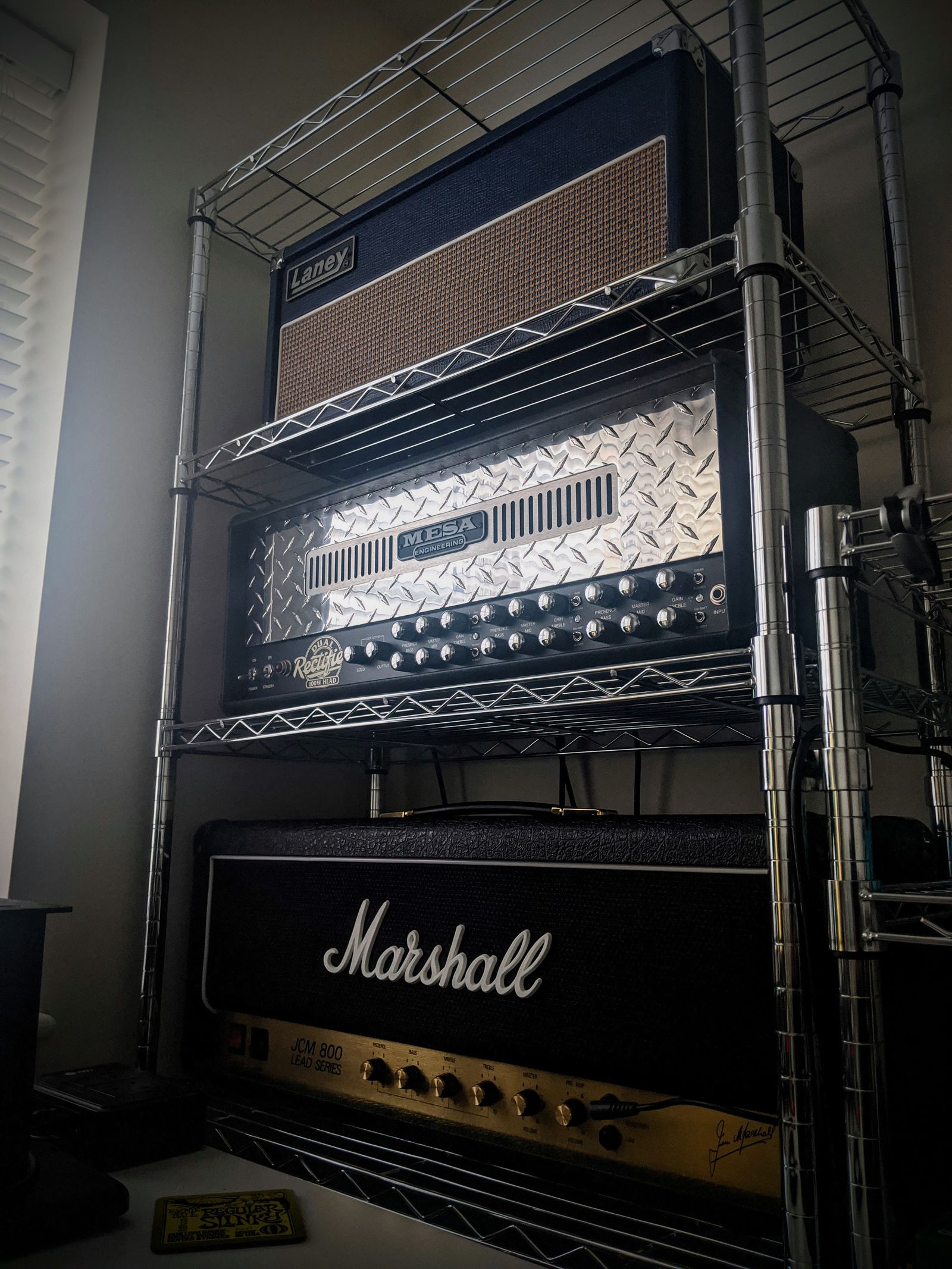 The tower of power Mk. I, including the Marshall JCM 800 2203 reissue, Mesa Boogie Dual Rectifier and Laney Lionheart L20H